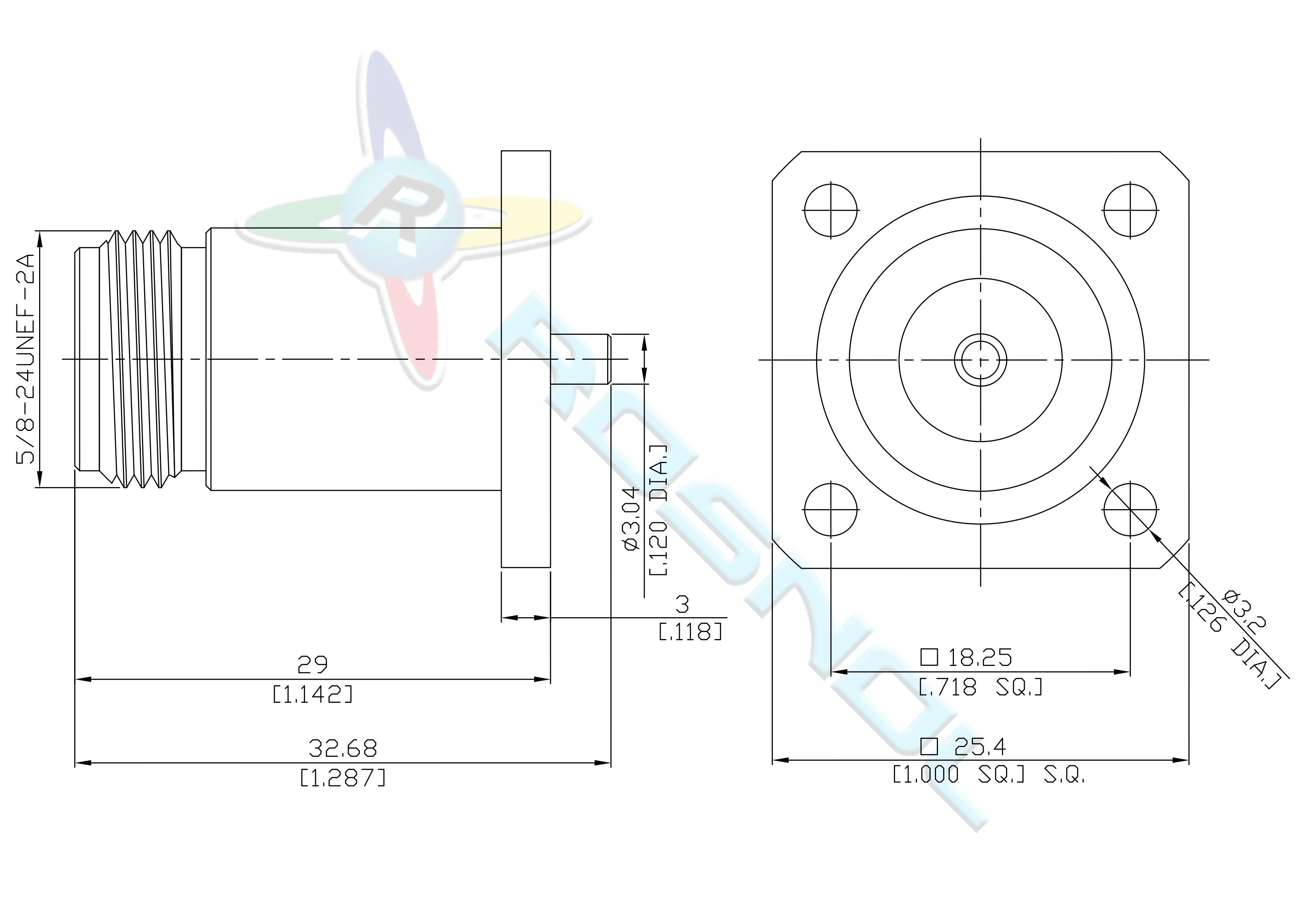 N Straight Panel Jack (Female) 4 Hole Flange | Coaxial End