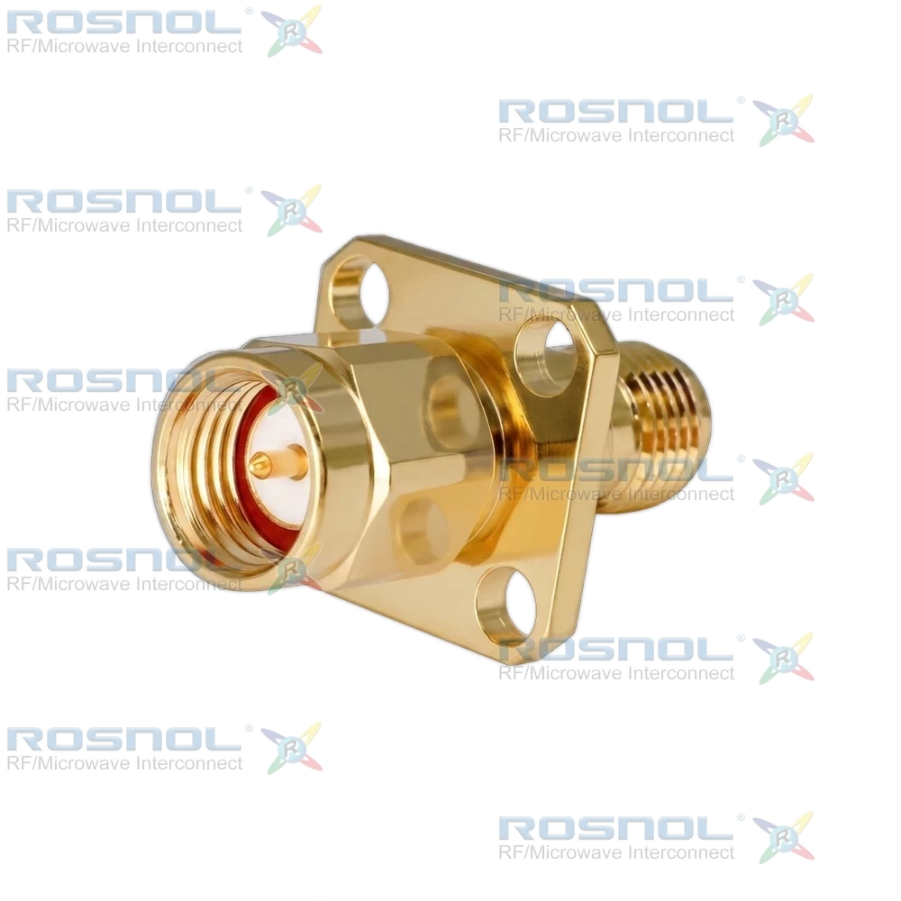 Precision SMA Plug (Male) to  Precision SMA Jack (Female) Panel 4 Hole Flange Mount Adapter, DC-27GHz VSWR 1.15