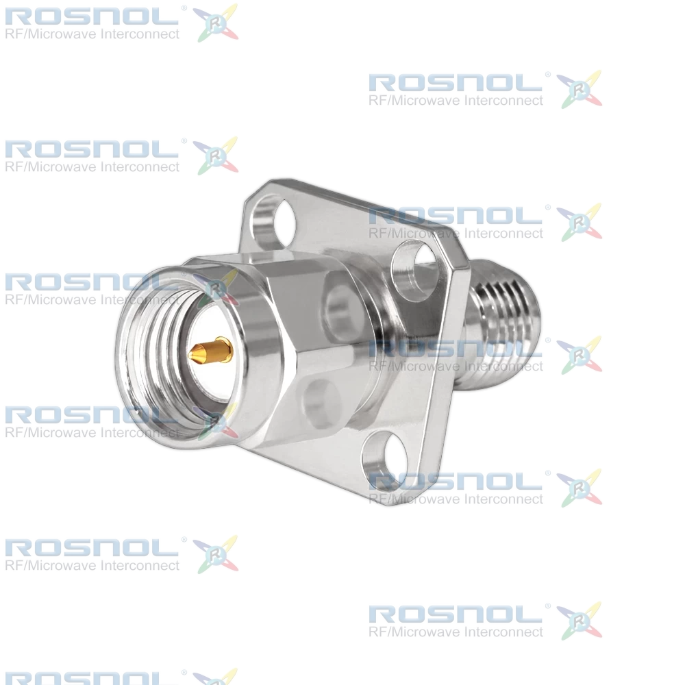 Precision SMA Plug (Male) to  Precision SMA Jack (Female) Panel 4 Hole Flange Mount Adapter, DC-27GHz VSWR 1.15