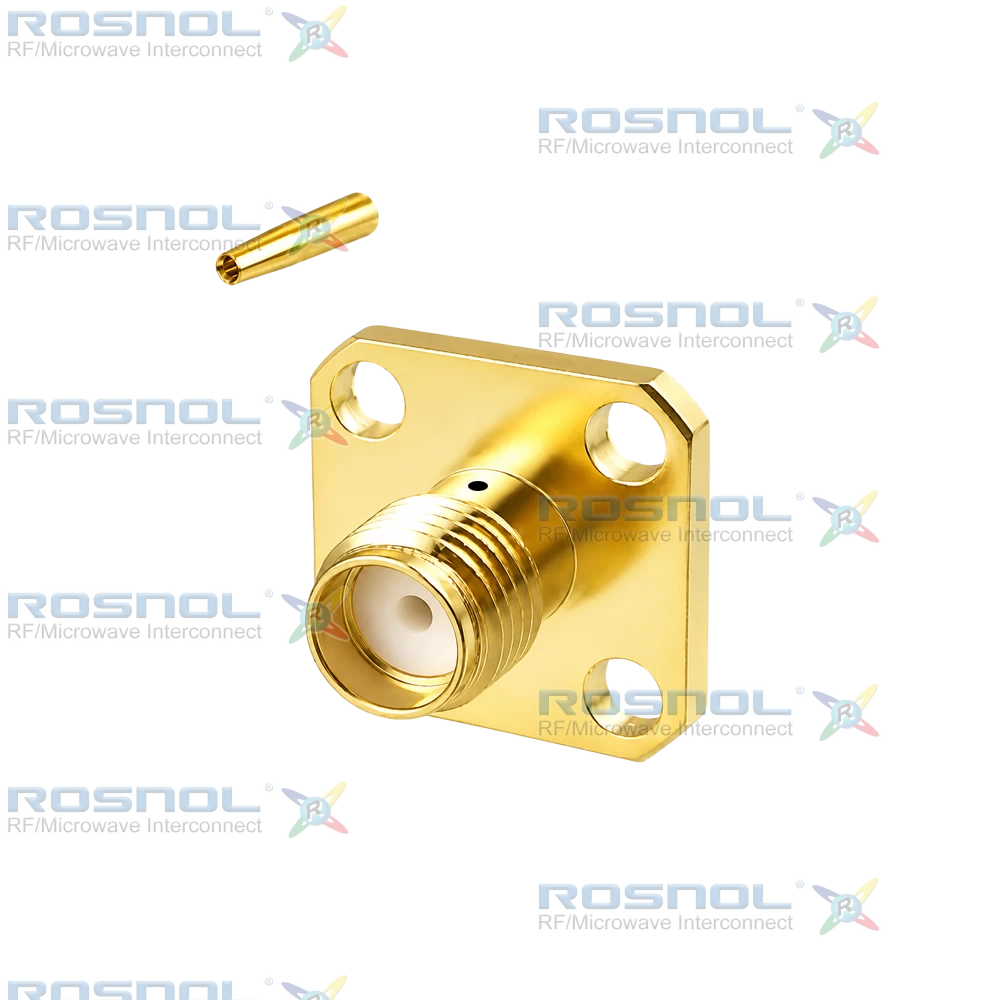 SMA Jack (Female) 4 Hole Panel Cable Connector for 085, .086, RG405, Rosnol RSR-085, RSF-085, EF405, DC-18GHz VSWR 1.25